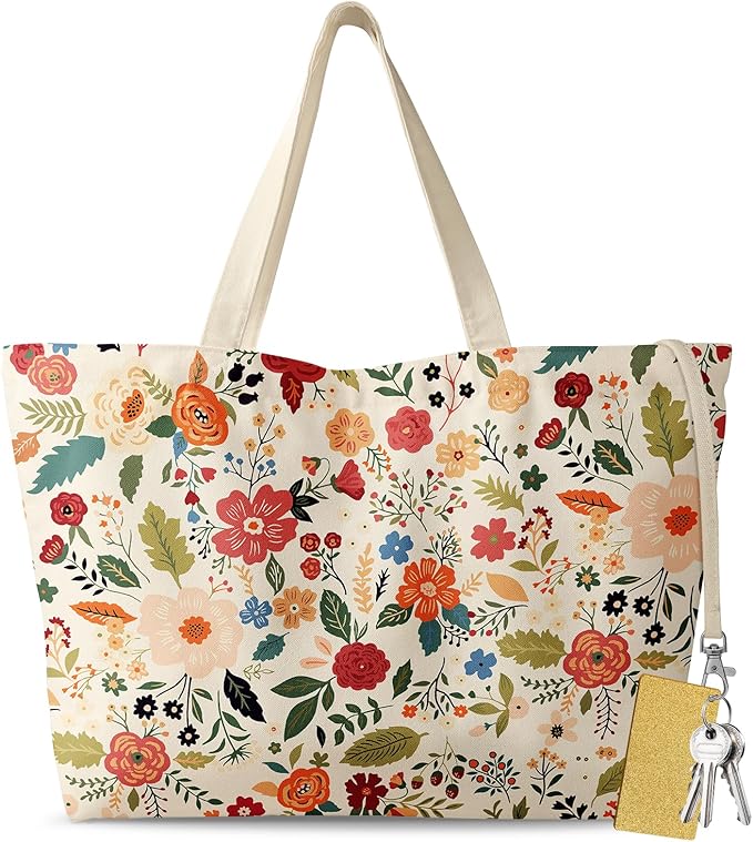 Large Tote Bag for Women - Aesthetic Cute Big Canvas Bags with Zipper Cotton Shoulder Bag for Gym, Travel, Work