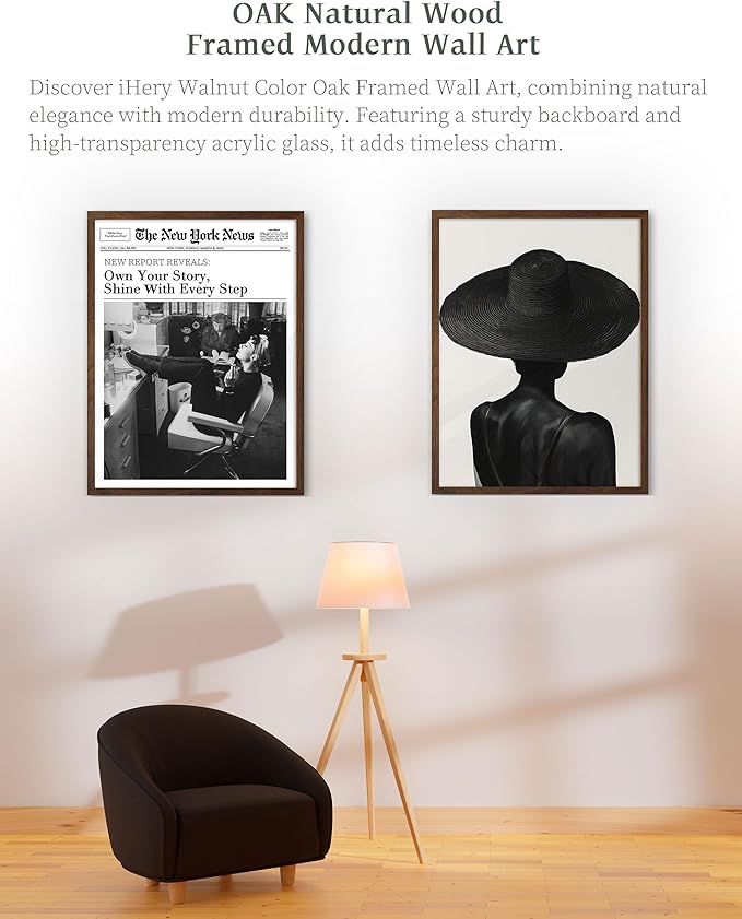 iHery Natural OAK Wood Audrey Hepburn Walnut Color Framed Wall Art, 12x16 in Own Your Story Shine With Every Step Canvas Wall Decor, Modern Trendy Newspaper For Bedroom Bathroom Living Room 1Pack