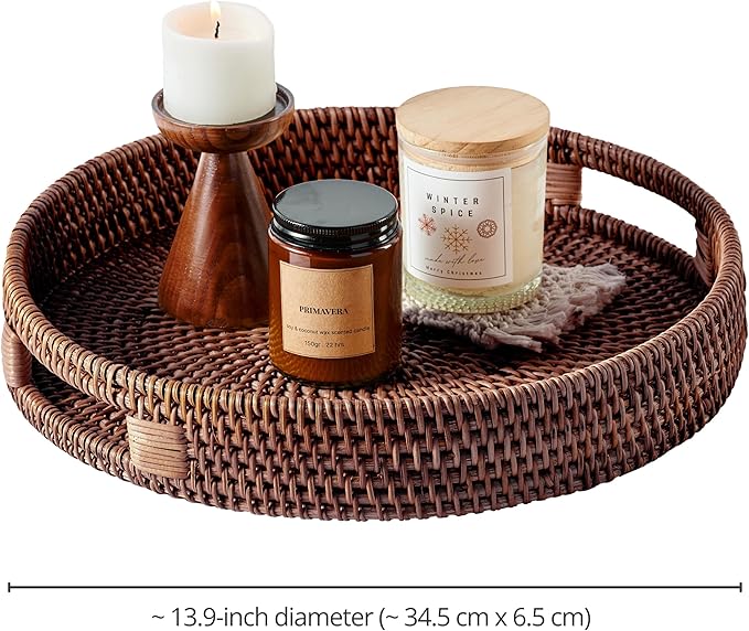 JUNGLE CULTURE Large Rattan Serving Tray 14" in Brown • Round Table Basket • Wicker Ottoman Trays with Handles for Coffee Table, Bed Side or Couch • Flat Circle Woven Tray • Boho Farmhouse Decor