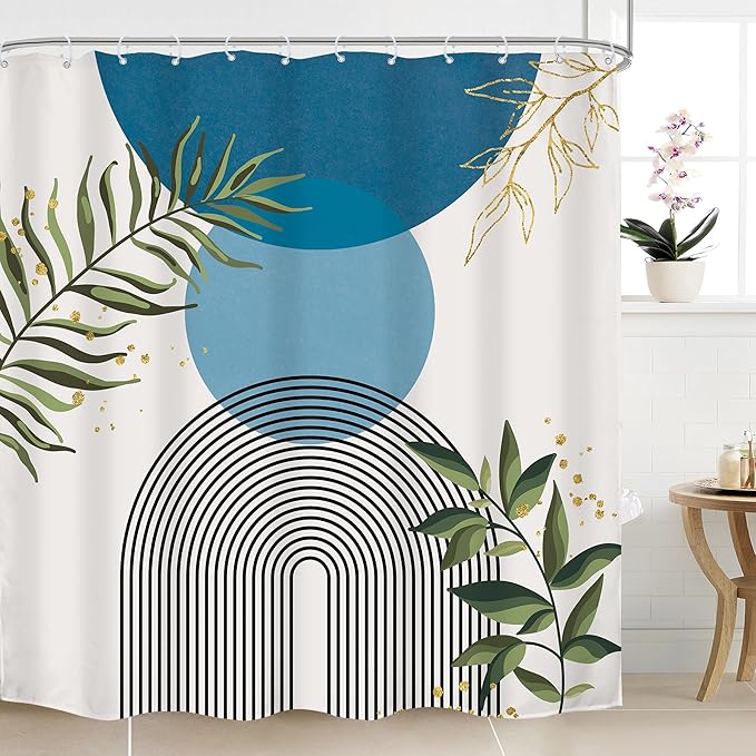 Blue Boho Modern Shower Curtain 72Wx72H Mid Century Abstract Gold Green Leaves Sun Arch Minimalist Geometric Aesthetic Plant Bathroom Decor Neutral Bath Curtain Fabric Polyester 12 Pack Hooks