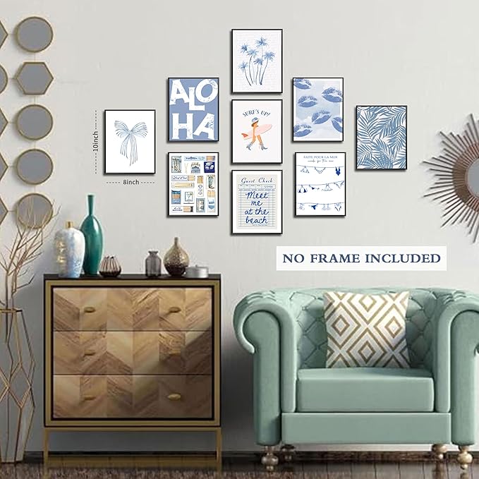 9Pcs Blue Coastal Poster Beach Cowgirl Wall Art Trendy Summer Aesthetics Painting Beachy Collage Ocean Picture Wall Decor Preppy Print for Hallway Bedroom And Living Home Frameless8x10Inch