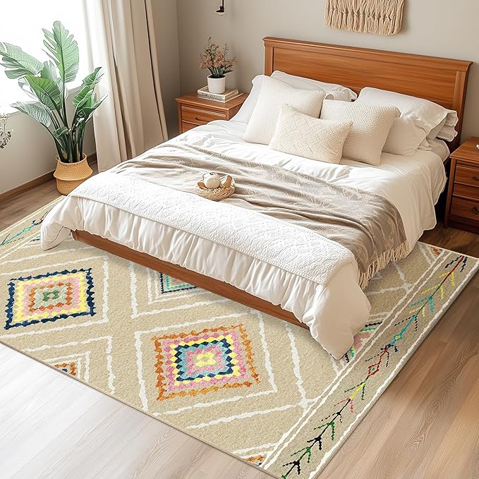 Area Rug 5x7 Rug Machine Washable Non-Slip Low Pile Print Pattern Western Rug for Living Room Bedroom Entryway Tribal Series -Cream/Beige