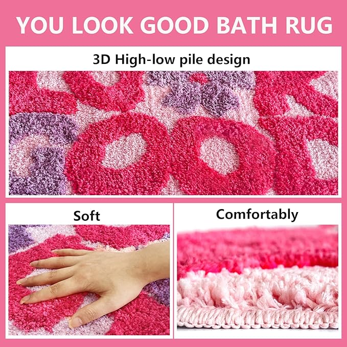 You Look Good Bath Rug, Fun Bathroom Rug,Hot Pink Bathroom Mat Cool Rugs for Bedroom Non Slip Microfiber Plush Cool Rugs for Bedroom Washable Absorbent for Bathtub 21"x25"