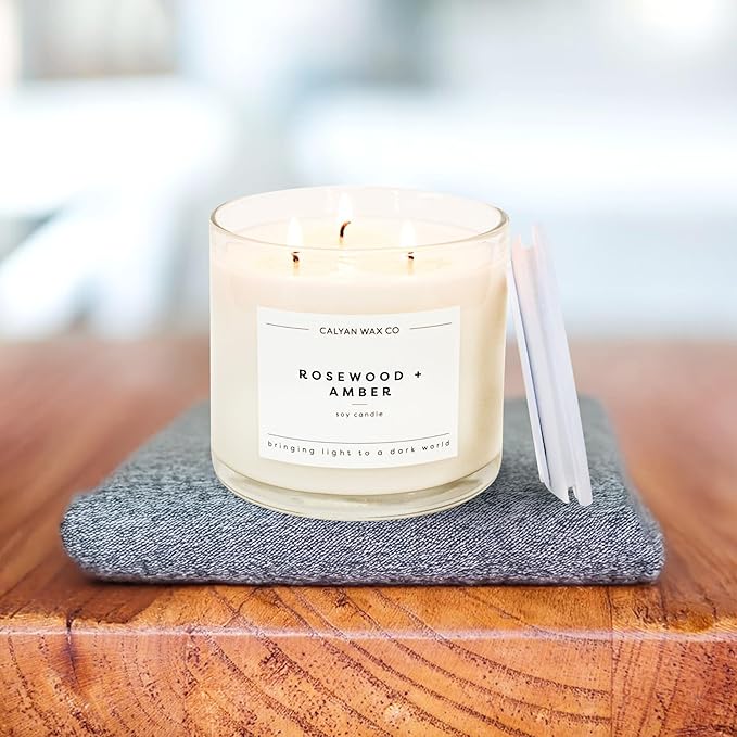 Calyan Wax Co. 3 Wick Candle, Rosewood + Amber Scented Candle, 43 Hour Burn Time, 3 Wick Soy Candles, Non Toxic & Vegan Soy Wax, Ceramic Scented Candles, 26oz