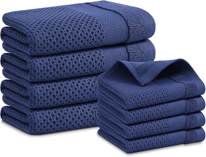 Homaxy Kitchen Towels and Dishcloths Set, 12 x 12 and 13 x 28 Inches, Set of 8 100% Cotton Waffle Weave Kitchen Towels, Super Soft and Absorbent Dish Cloths, Navy Blue