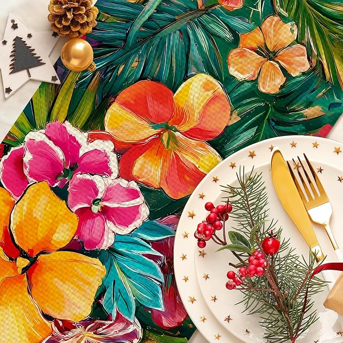 Pineapples Abstract Art Painting Burlap Table Runner Seasonal Spring Fall Kitchen Dining Linen Table Decoration for Indoor Outdoor Home Party Dinner 13x72 Inch