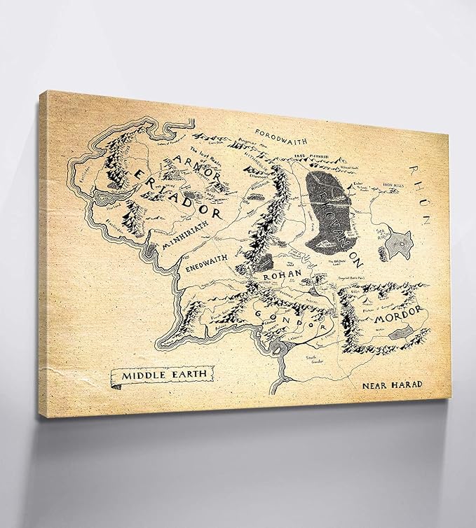 Middle Earth Map Wall Art Canvas Print - Fantasy Map of Middle Earth - 28''H x 40''W with Inner Wooden Frame - Lightweight & Easy to Hang - Perfect for Bedroom, Game Room Decor