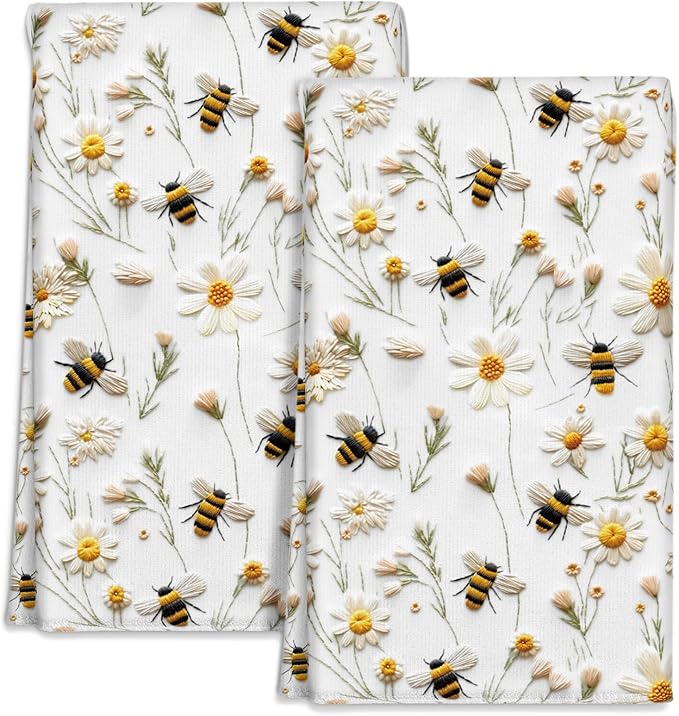 Microfiber Kitchen Towels - Set of 2 Dish Towels for Kitchen 18 x 26 Inch Home Decoration White Flower Bee Cute Spring Hand Towels Soft & Absorbent Aesthetic Design