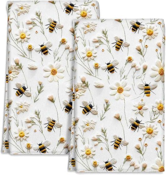 Microfiber Kitchen Towels - Set of 2 Dish Towels for Kitchen 18 x 26 Inch Home Decoration White Flower Bee Cute Spring Hand Towels Soft & Absorbent Aesthetic Design