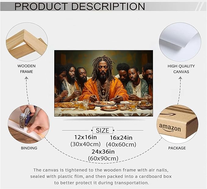 WWN Modern Black Jesus Canvas Wall Art African American The Last Supper Painting Picture Wall Decor Black Man Christian Poster Print Artwork for Kitchen Dining Room Living Room Bedroom Home Decoration