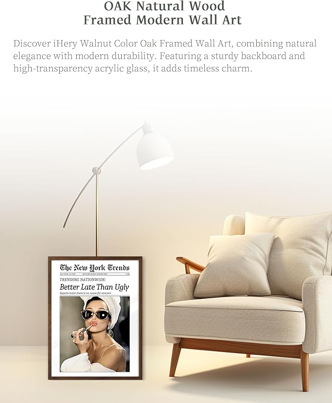 iHery Natural OAK Wood Hepburn Newspaper Trendy Walnut Color Framed Wall Art, 12x16 in Better Late Than Ugly Vintage Headline Canvas Art, Retro Bathroom Decor Art, Set of 1 Girly Dorm Room Bedroom