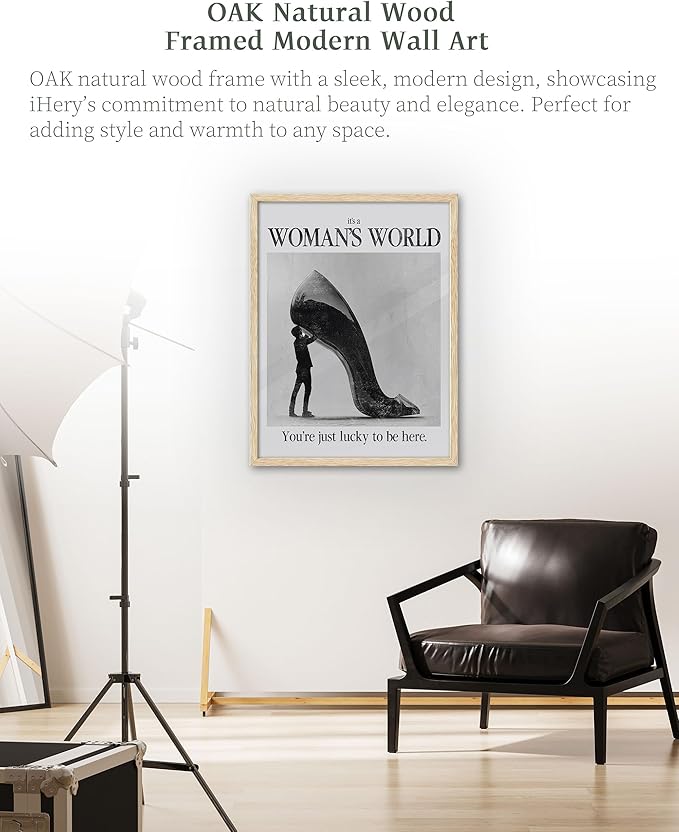 iHery Natural OAK Wood Woman's World Framed Wall Art, 12x16 in Retro Feminist Modern Hot Girls Canvas Wall Art, Trendy Black High Heels Bedroom Decor, Set of 1 For Bathroom Living Room
