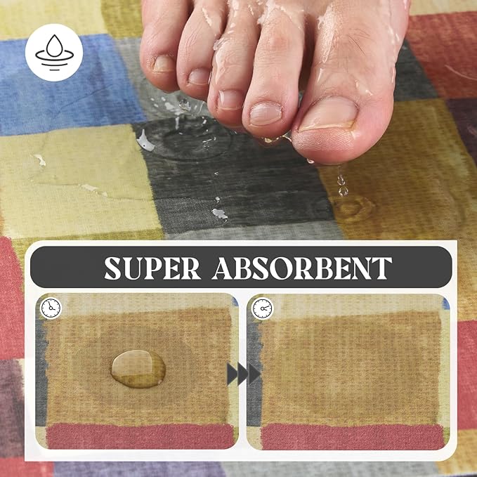 MontVoo -Bath Mat-Non Slip Thin Bathroom Rugs Fit Under Door- Quick Dry Absorbent Faux Suede Surface Grey Bathroom Floor Mats-Shower Rug for in Front of Bathtub Shower Retro Colors Plaid 16x24