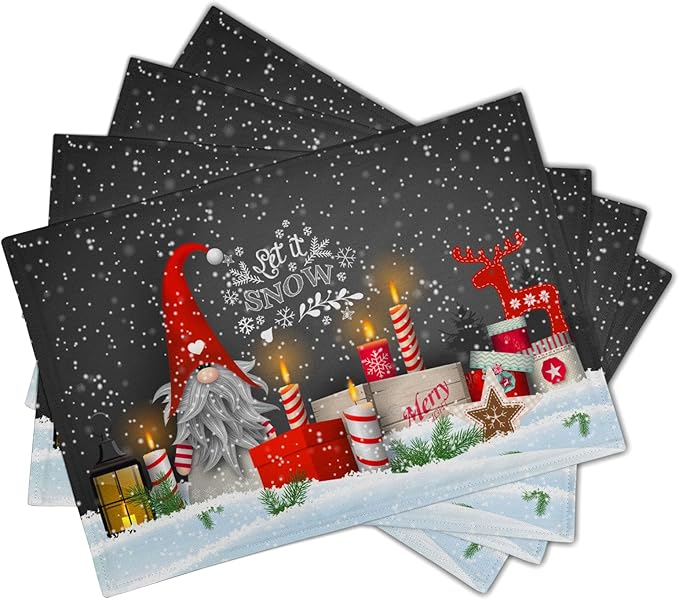 Giwawa Christmas Gnome Placemats, Let It Snow Xmas Elf Reindeer Place Mat for Kitchen Dining, Winter Snowflakes Non-Slip Washable Table Mats for Tabletop Holiday Camping Decor, Set of 4, 12"x18"