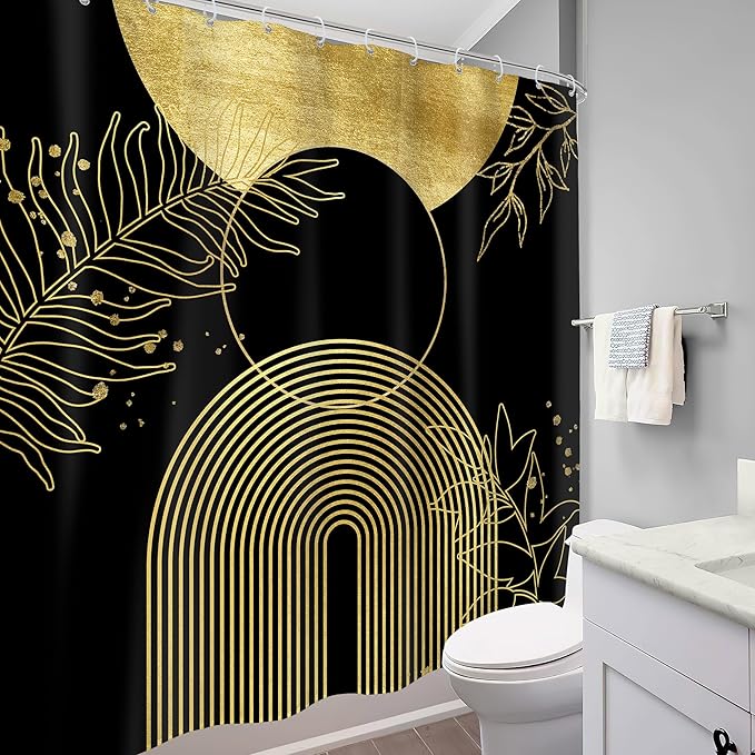 Black Gold Boho Shower Curtain 72Wx72H Bohemian Mid Century Modern Abstract Golden Leaves Plant Botanical Bathroom Decor Minimalist Geometric Neutral Bath Curtain Fabric Polyester 12 Pack Hooks
