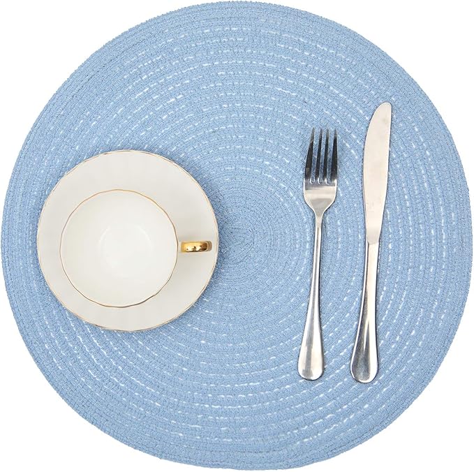 SHACOS Round Braided Placemats Set of 6 Round Table Mats for Dining Tables 15 inch (Light Blue, 6)