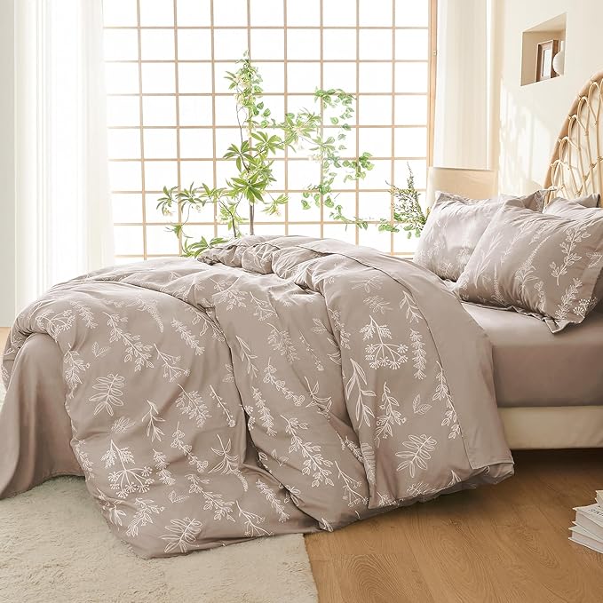 MUXHOMO Duvet Cover Full Size, Reversible Floral Taupe Duvet Cover Set with Zipper Closure, 3 Pieces Botanical Patterns Soft Microfiber Bedding Set with 4 Ties (80"x90", 2 Pillow Cases)