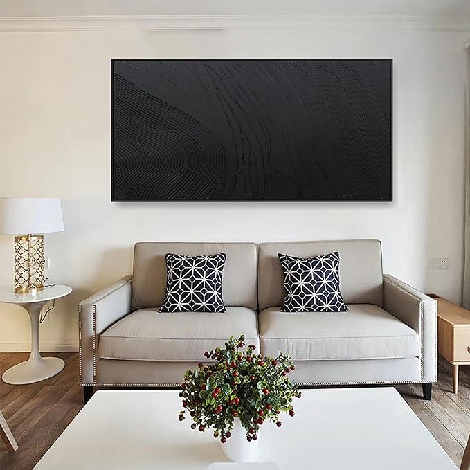 Framed Abstract Wall Art For Living Room Wall Decor Artwork 48" W X 24" H Black Hand Painted Line Texture Canvas In Large Abstract Artwork For Living Room Bedroom Office Modern Glam Decor Ready To Hang