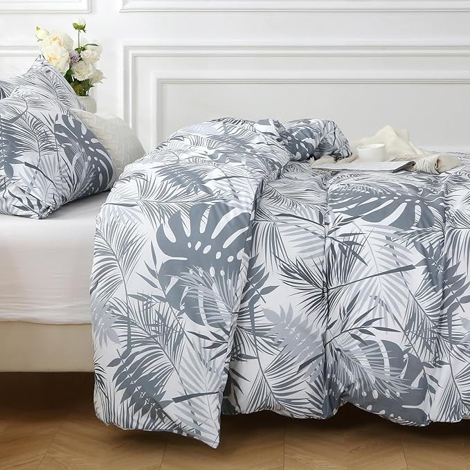 MUXHOMO Duvet Cover Full Size, Reversible Floral Black & Grey Duvet Cover Set with Zipper Closure, 3 Pieces Botanical Patterns Soft Microfiber Bedding Set with 4 Ties (80"x90", 2 Pillow Cases) US