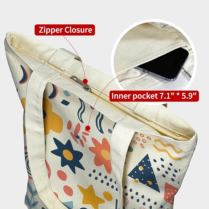 Canvas Tote Bag for Women, Aesthetic Tote Bag with Zipper Pocket for Grocery Travel Work Gift, Canvas Shopping Bag