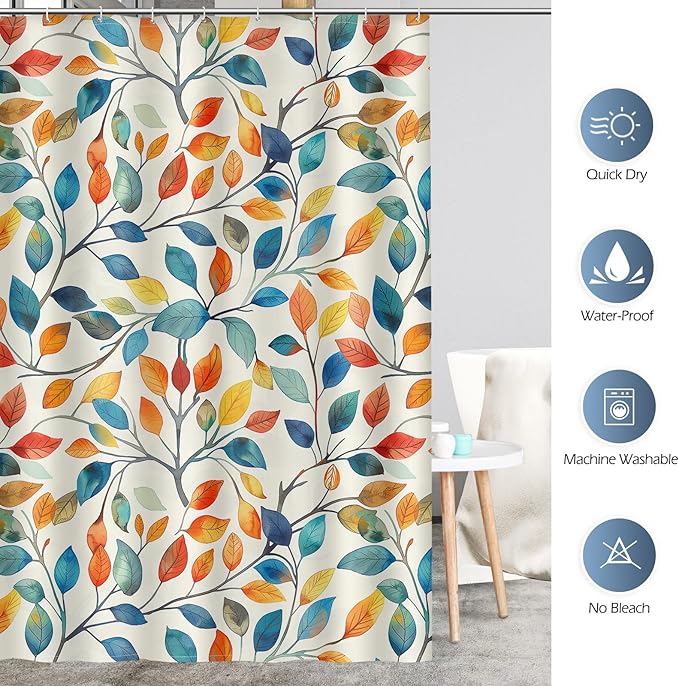 Aimego Spring Colorful Shower Curtain -Summer Nature Botanical Watercolor Plant Leaves Floral Fabric Cloth Bath Shower Curtain Set with 12 Hooks for Bathroom Decor Accessories, 72"x72"