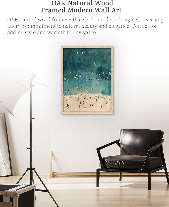 iHery Natural OAK Wood Framed Wall Art, 12x16 in Fashion Summer Tiny People Swimming In Ocean Canvas Wall Decor, Beige Minimalist Beach Bedroom Decor, Set of 1 For Bathroom Living Room