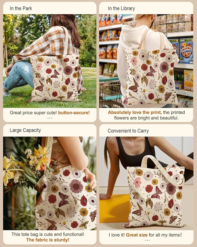 Aesthetic Tote Bag for Girls - with Magnetic Buckle and Zipper Inner Pocket for Women Lady Canvas Cotton Tote Bag