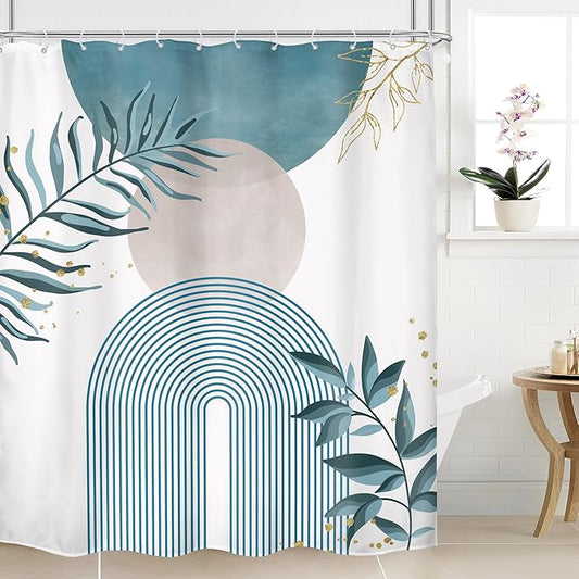 Green Boho Shower Curtain 60Wx72H Modern Abstract Bohemian Leaves Mid Century Minimalist Plant Bathroom Decor Arch Neutral Bath Curtain Fabric Polyester 12 Pack Hooks