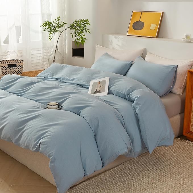 ECOCOTT Light Blue Duvet Cover Oversized King Size - 100% Washed Cotton Durable Soft Comfy Duvet Cover Set, 3 Pieces Duvet Cover with Zipper Closure (120"x 98")