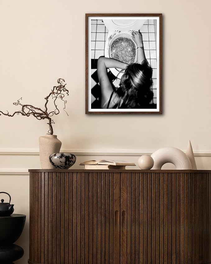 EcoHest Trendy After the Disco Party Framed Wall Art, Walnut Color 12x16 in OAK Wood Black and White Funny Bathroom Canvas Art, Teen Girl Poster College Dorm Decor, 1Pack For Bedroom Living Room