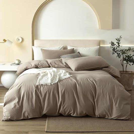 JIYUAN 100% Washed Cotton Duvet Cover Set 3 Pieces Super Queen, 1 Duvet Cover 90x98 Inches(Comforter Not Included) and 2 Pillowcases,Linen Feel Bedding Set Comfy and Breathable,Khaki