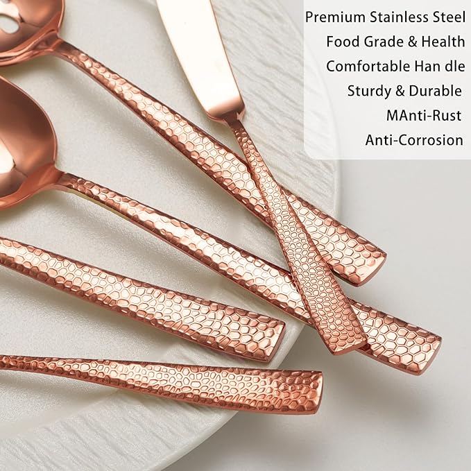 Large Hostess Serving Utensils Set, Stainless Steel Heavy Duty Hammered Serving spoons, Slotted Spoons, Serving Fork, Cake Server, Butter Knife, Dishwasher Safe（Rose Gold）