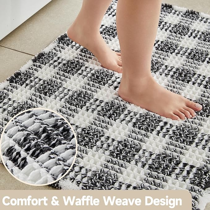 Waffle Bath Mat, Boho Bathroom Rugs Non Slip Washable Absorbent Checkered Bathroom Mat Quick Dry Farmhouse Bathroom Decor, 36"x24" Black and White