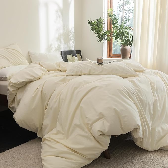 FOSSA Duvet Cover Set 100% Washed Cotton Linen Feel Super Soft Breathable Cozy 3 Pieces Bedding Sets Solid Cream White Oversized King Plus