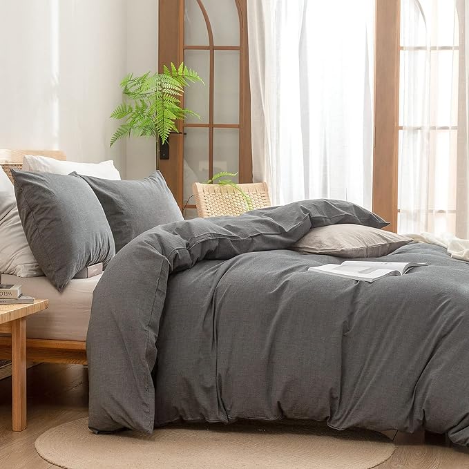 BESTOUCH Duvet Cover Set 100% Washed Cotton Linen Feel Super Soft Comfortable Chic Lightweight 3 PCs Home Bedding Set Solid Dark Grey Queen