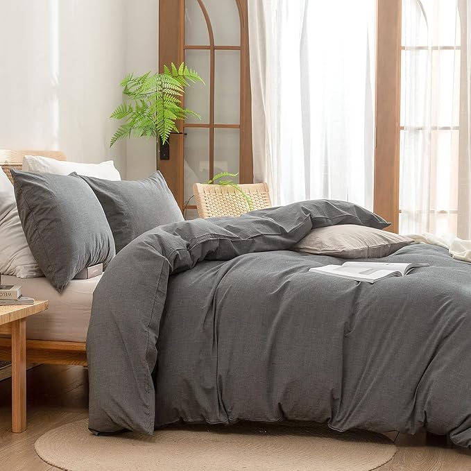 BESTOUCH Duvet Cover Set 100% Washed Cotton Linen Feel Super Soft Comfortable Chic Lightweight 3 PCs Home Bedding Set Solid Dark Grey Oversized King