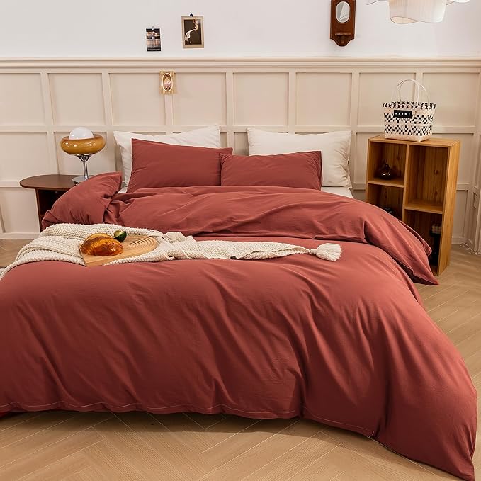 ECOCOTT Duvet Cover Queen Size - Linen Feel Textured Organic Natural 100% Washed Cotton, Soft Breathable 3 Pieces Bedding Set with Zipper Closure, Burnt Brick Red