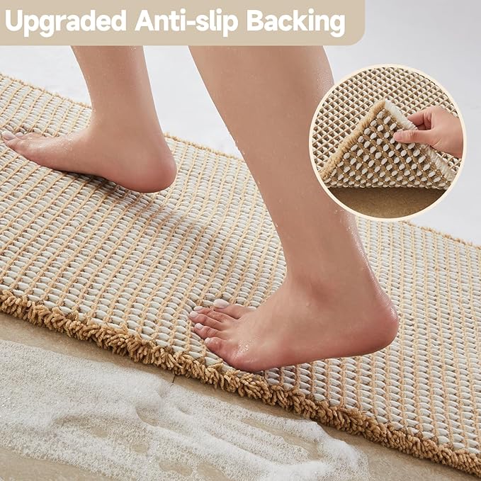 Waffle Runner Rug Bathroom, Long Boho Bathroom Rugs Non Slip Washable Super Absorbent Quick Dry Farmhouse Bath Decor, 72"x24" Khaki and White