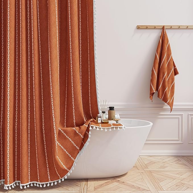 BTTN 78 Inch Long Shower Curtain - Boho Farmhouse Striped Linen Fabric Shower Curtain Set with Tassel, Water Repellent, Tall Country Shower Curtain for Bathroom with Hooks, 72"x78", Burnt Orange