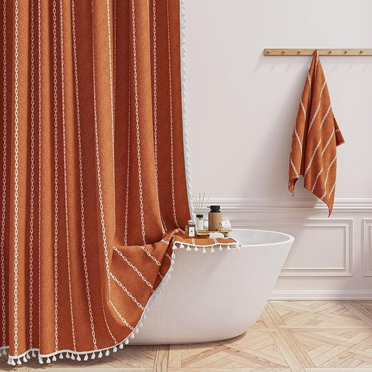 BTTN Stall Fabric Shower Curtain - 54x78 Boho Striped Linen Heavy Duty Tassel Shower Curtain Set with 10 Hook, Narrow Rustic Modern Farmhouse Bohemian Thick Shower Curtains for Bathroom - Burnt Orange