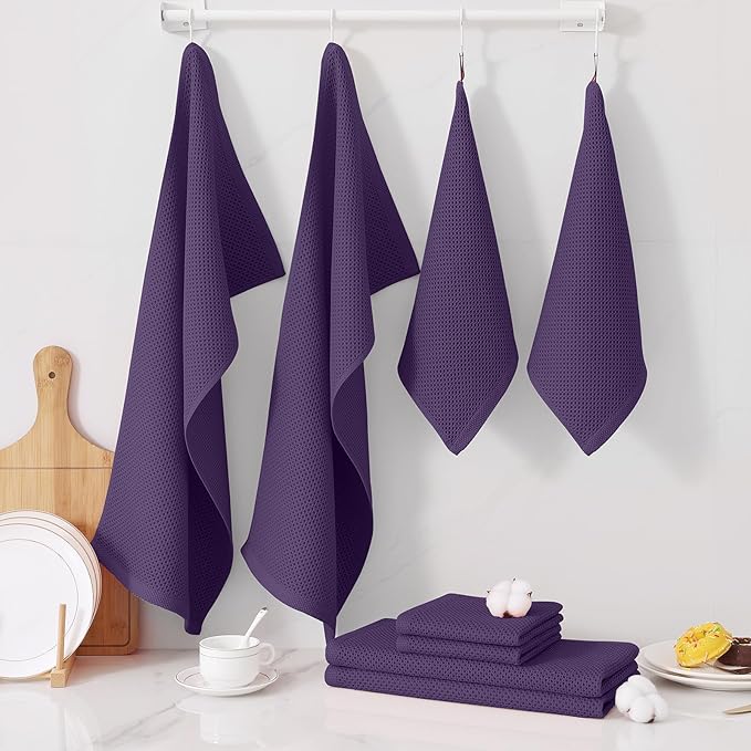 Homaxy 100% Cotton Kitchen Towels and Dishcloths Set, 12 x 12 Inches and 13 x 28 Inches, Set of 8 Bulk Kitchen Towels Set, Ultra Soft Absorbent Dish Cloths for Washing Dishes, Eggplant