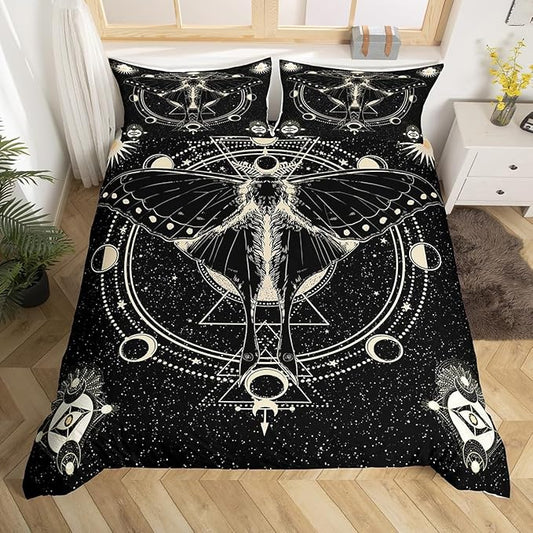 Castle Fairy Death Moth Duvet Cover Set Twin Size,Stars and Moon Phase Space Comforter Cover for Kids Boys Bedroom Gift,Abstract Exotic Aesthetic Bedding Set with 1 Pillowcase Bedspread