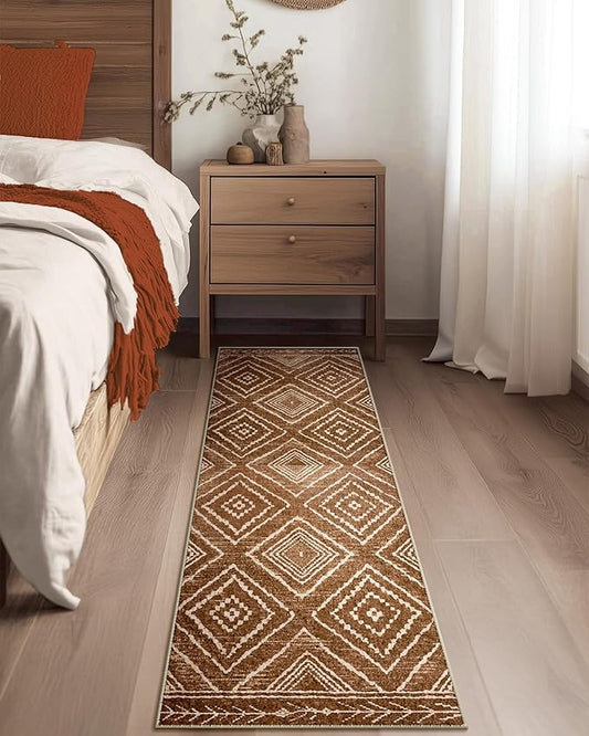 Area Rug 2x8 Rug Machine Washable Non-Slip Low Pile Print Pattern Western Rug for Living Room Bedroom Entryway Tribal Series -Yellowbrown/Cream