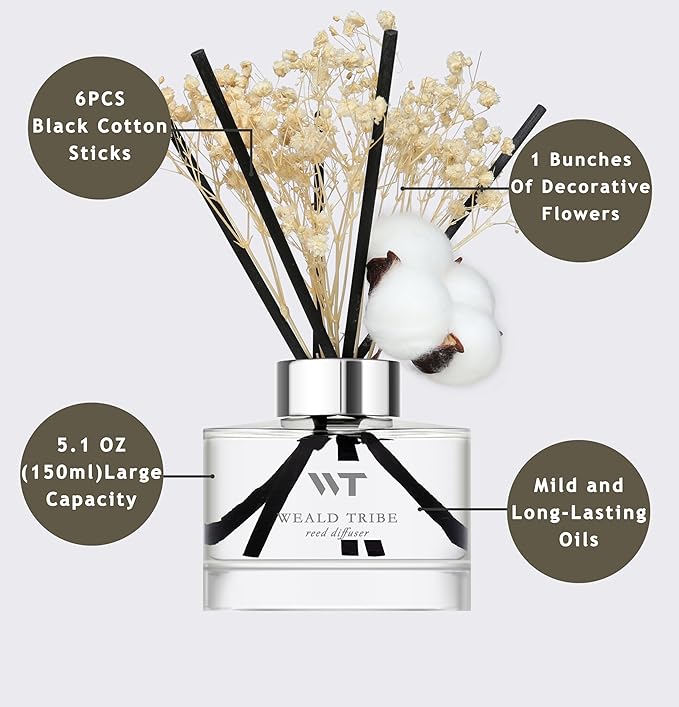 Flower Reed Diffuser Set Pure Cotton Scent for Bathroom Accessories Shelf Decor & Air Fresheners, Sticks Defusers with 5.1 fl oz Essential Oils & Leaves, House Bedroom Office Decor & Gifts