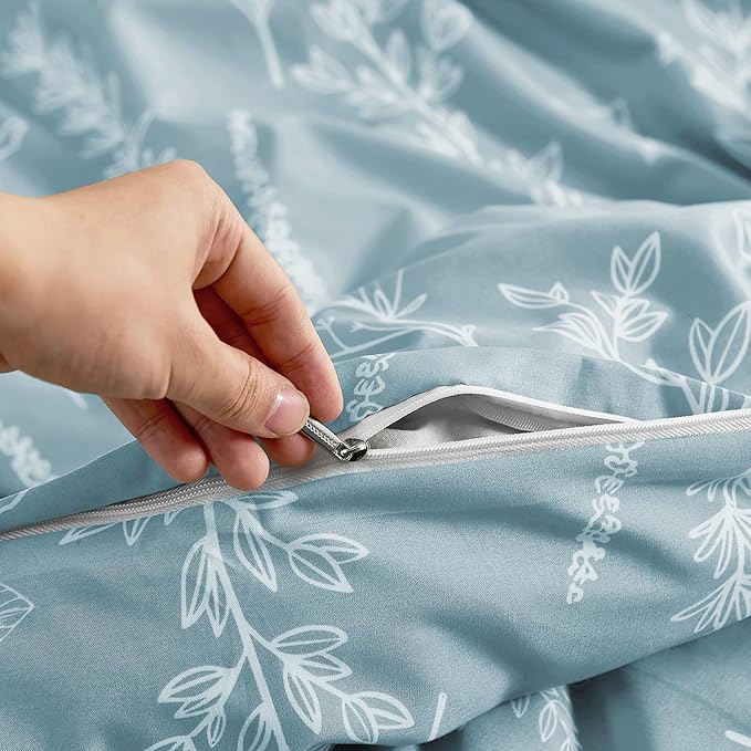 MUXHOMO Duvet Cover Queen Size, Reversible Floral Mineral Blue Duvet Cover Set with Zipper Closure, 3 Pieces Botanical Patterns Soft Microfiber Bedding Set with 4 Ties (90"x90", 2 Pillow Cases)