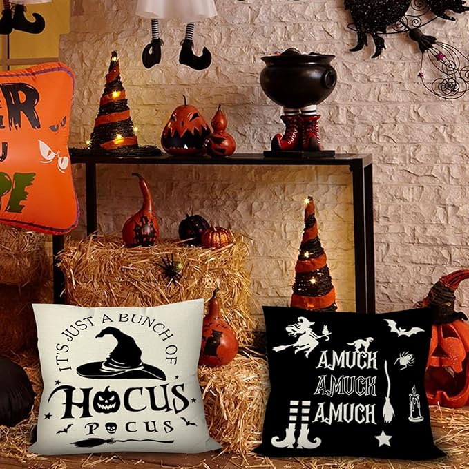 Halloween Pillow Covers 18x18 Inch Set of 6, Indoor Halloween Decorations, Black White Farmhouse Saying Throw Pillow Cover, Scary Pillowcase for Seaonal Party Couch Home Decor