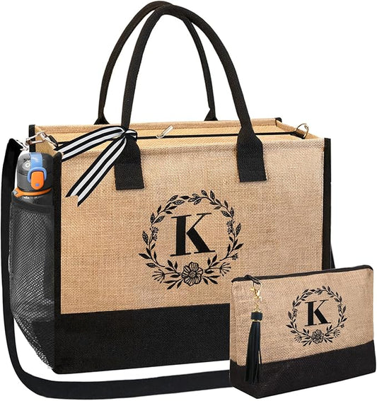 BeeGreen Embroidery Monogram Initial Tote Bag for Women Teacher Mom Friend Personalized Gift for Birthday Beach Work Wedding