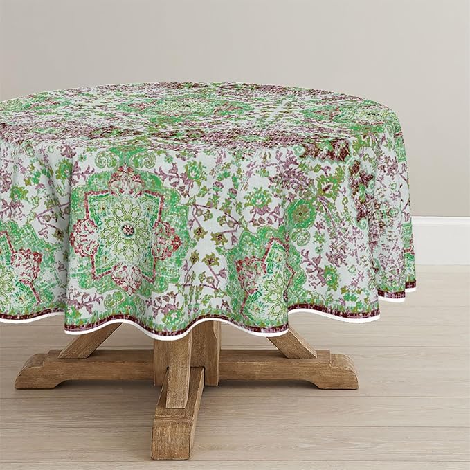 Horaldaily Boho Bohemia Style Tablecloth 70×70 Inch Round, Green Vintage Country Rustic Farmhouse Magical Fall Orange Washable Seasonal Table Cover for Party Picnic Dinner Decor