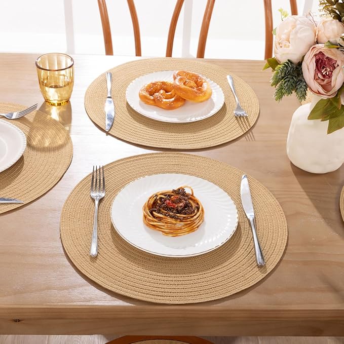 SHACOS 15 inch Round Braided Placemats Set of 6 Non Slip Heat Resistant Round Table Mats Fabric Place Mats for Dinner Party Table Decoration (Camel, 6)