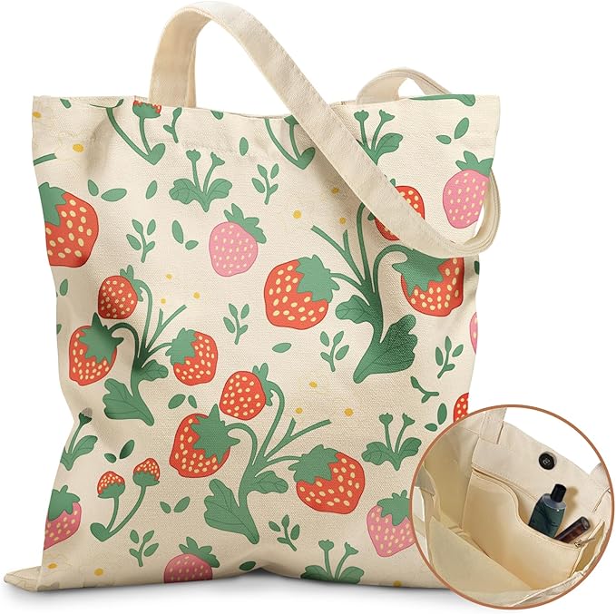 Aesthetic Tote Bag for Girls - with Magnetic Buckle and Zipper Inner Pocket for Women Lady Canvas Cotton Tote Bag